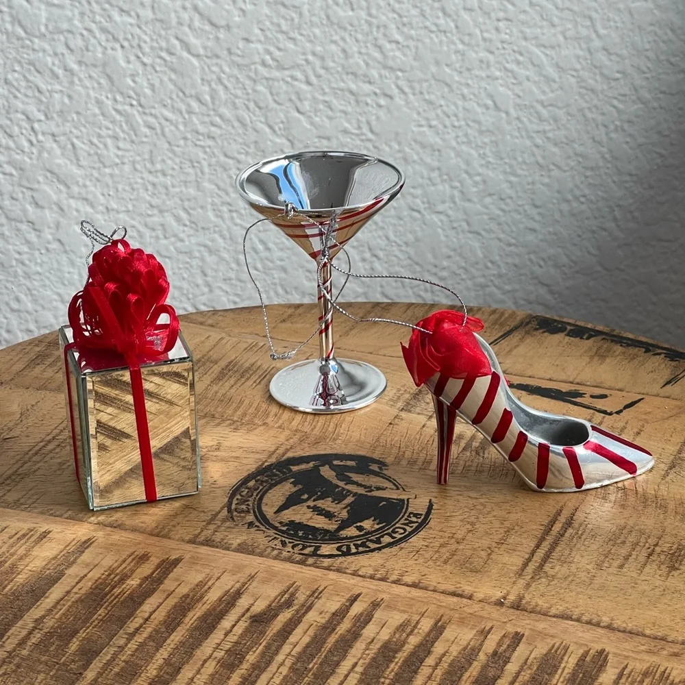 Mirrored Red Striped Ornament Bundle High Heel Shoe Gift Present Martini Glass
